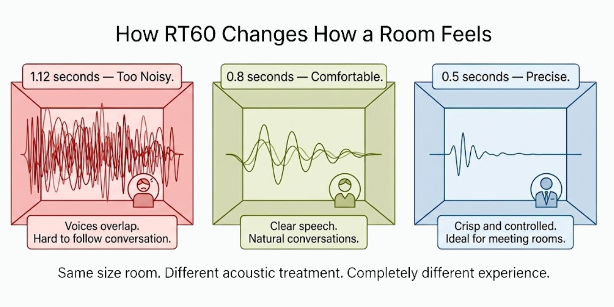 Clap your hands once in your room. Listen carefully. How long does the sound take to fade away? That duration is your RT60, the time it takes for sound to decay by 60 decibels.In a noisy office, you might hear the clap linger for over a second. That is around 1.1 to 1.2 seconds. It feels echoey, slightly chaotic. Speech overlaps.At around 0.8 seconds, the room feels controlled but still natural. Conversations flow comfortably. This is typical for open offices.At 0.5 seconds, the room feels tight and precise. Speech is crisp. This is ideal for meeting rooms and classrooms.Different spaces need different RT60 targets because they serve different purposes.Room TypeTarget RT60What Happens If ExceededOpen Office0.6 to 0.8sPeople raise voices, focus dropsMeeting Room0.5 to 0.6sWords overlap, calls muffledClassroomUnder 0.6sStudents miss wordsRestaurant0.7 to 1.1sNoise becomes uncomfortableLecture HallUnder 1.0sRear seats struggle to hearA restaurant can tolerate more reverberation because energy and liveliness are part of the experience. A meeting room cannot. It needs clarity and precision.Two Numbers You Need: NRC and SabinsWhat Is NRC  And Why Zero and One Are Extremes You Will Never See in Practice