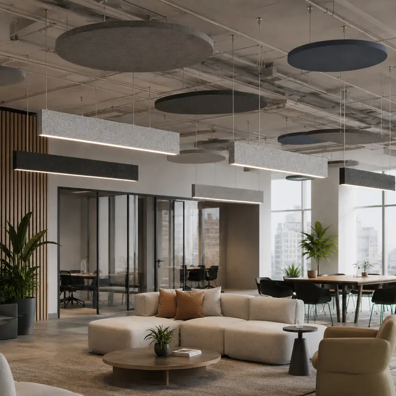 Integration of Acoustic Linear Pendant Light & Acoustic Clouds or Discs