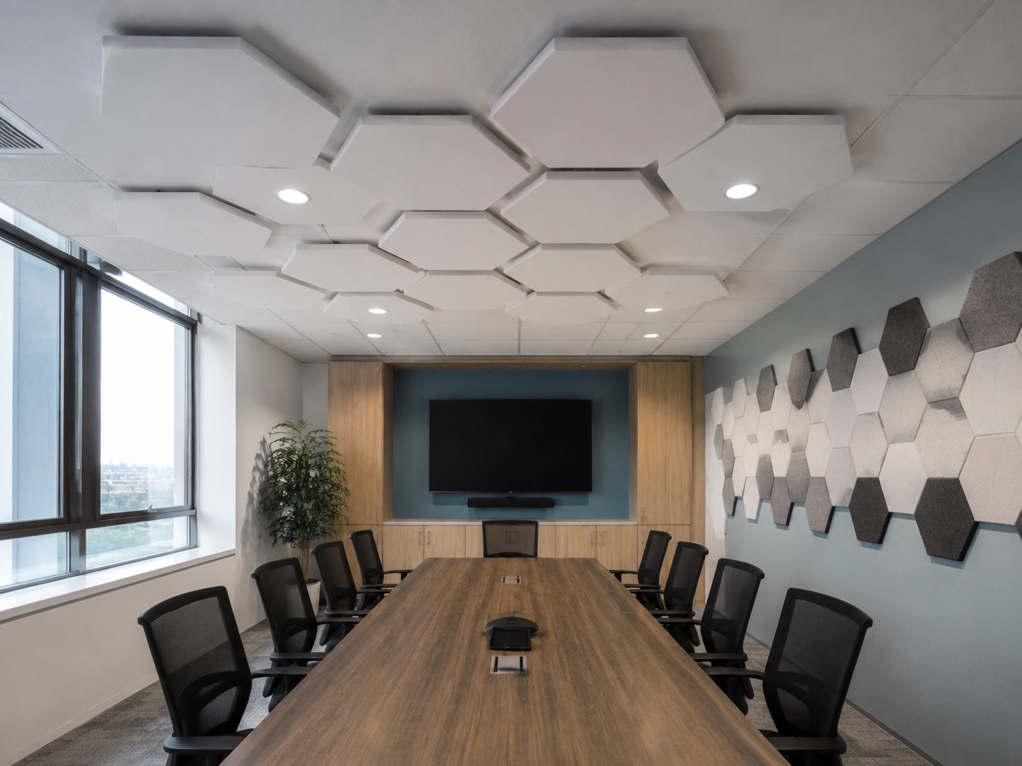 acoustic-ceiling-panel-meeting-room Acoustic ceiling panels installed in a commercial meeting room for sound absorption