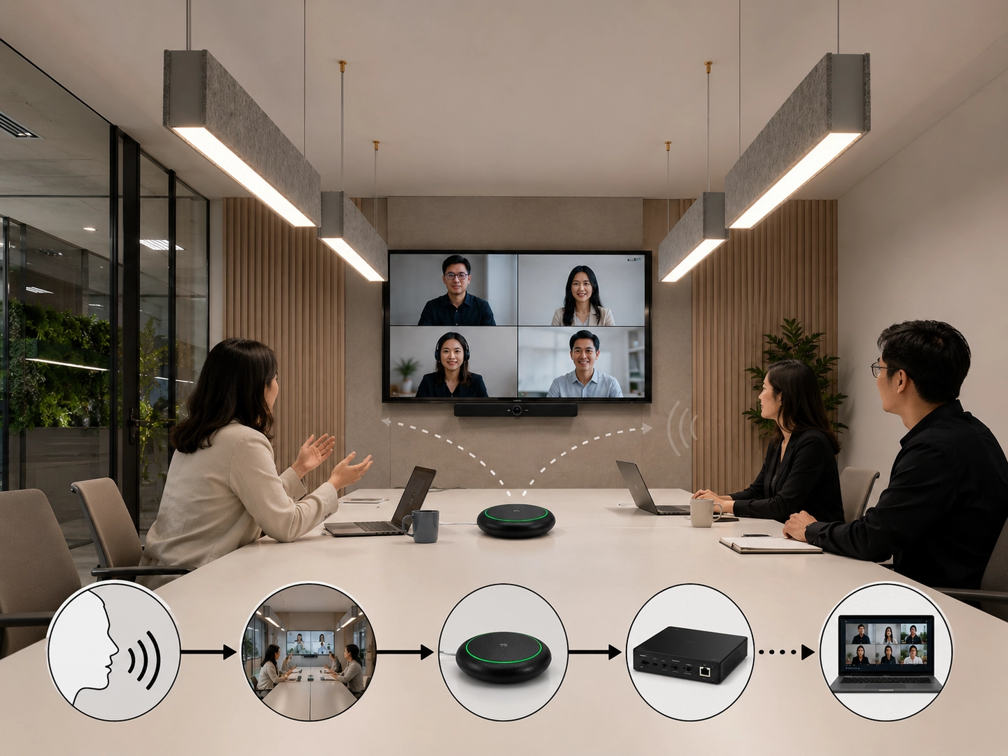 hybrid-meeting-acoustic-chain Sound path from speaker to room, microphone, DSP, and remote meeting participants