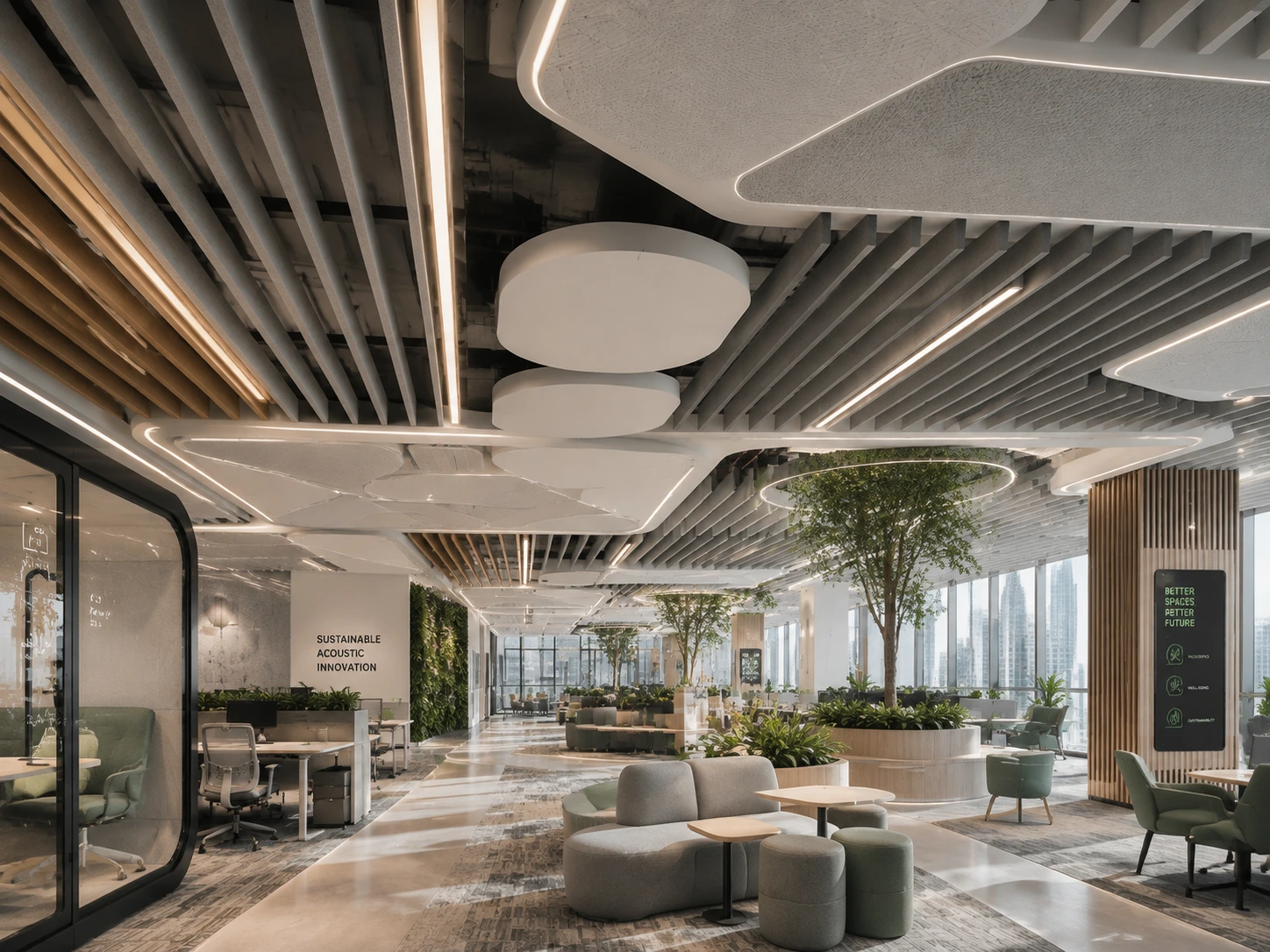 modern-office-acoustic-ceiling-solutions Modern office with acoustic ceiling solutions including suspended acoustic clouds and integrated lighting