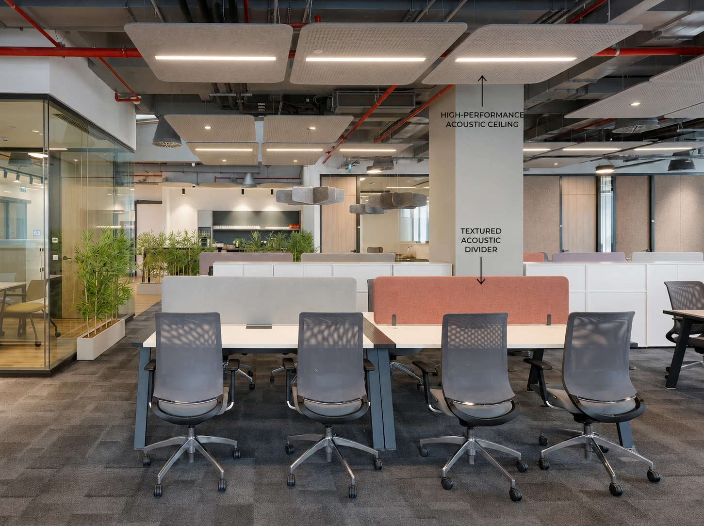 open-plan-office-acoustic-lighting-hero Open plan office with acoustic lighting fixtures reducing noise and improving speech comfort