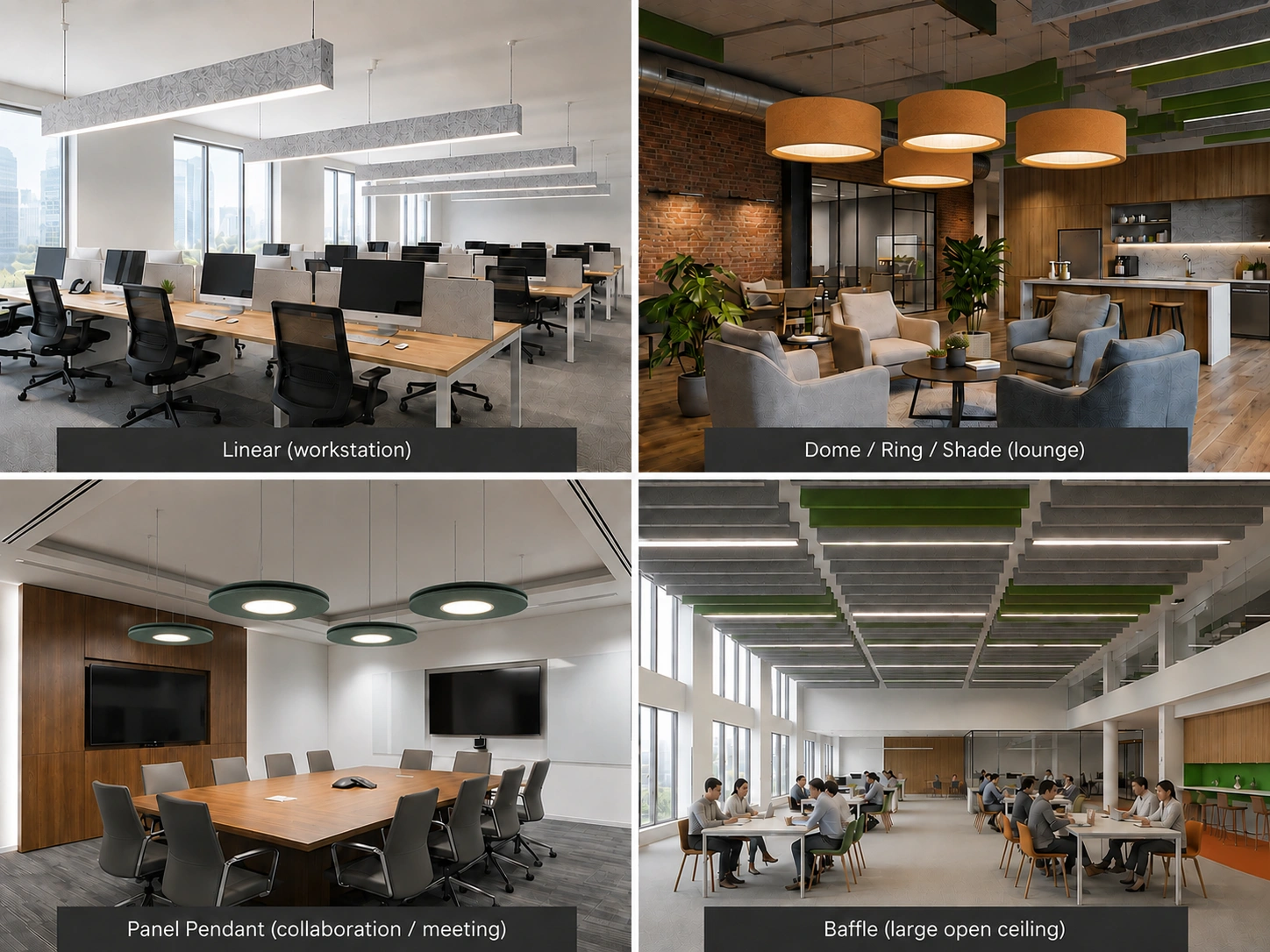 acoustic-lighting-fixture-forms-by-office-zone Four acoustic lighting fixture forms — linear, pendant, dome and baffle — matched to different office acoustic zones