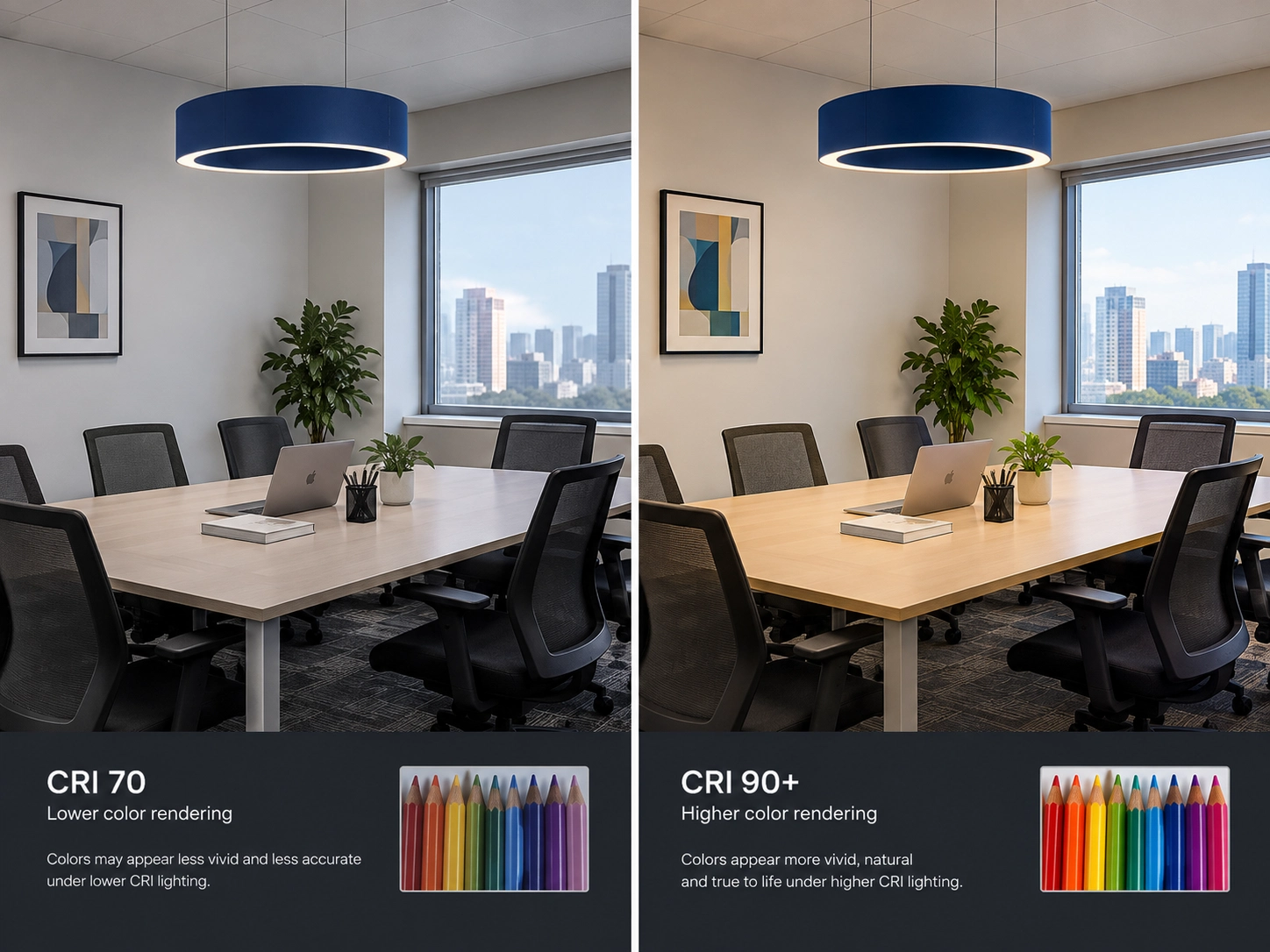 cri-color-rendering-comparison-office Side-by-side comparison of color rendering under low and high CRI office lighting