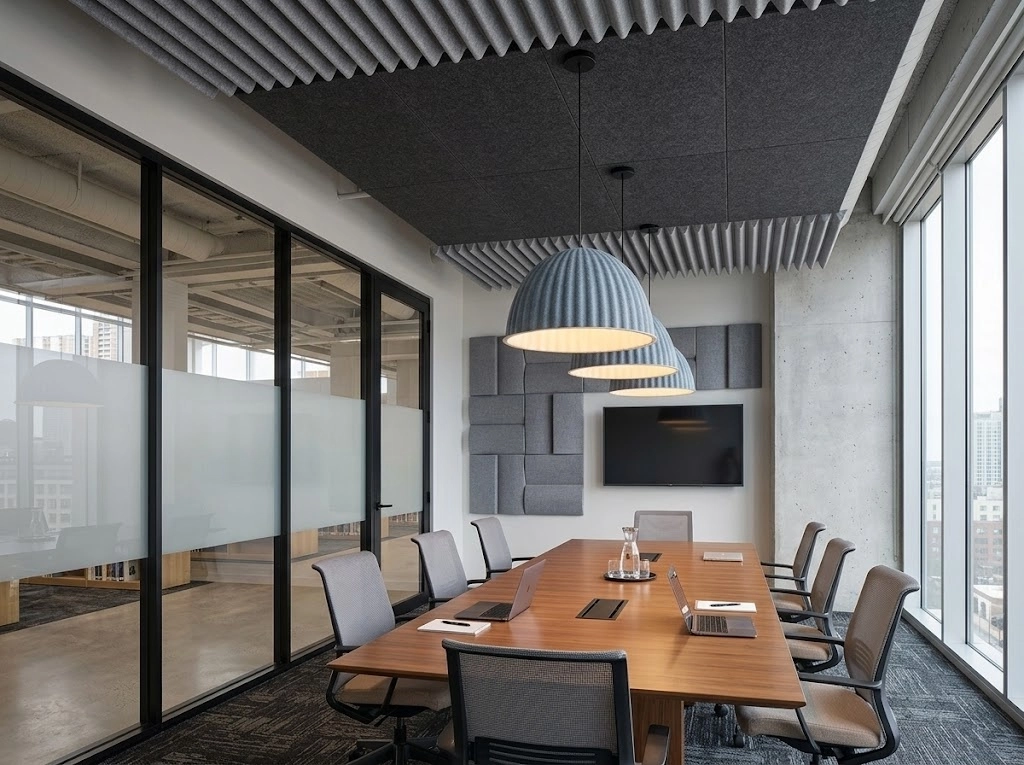 meeting-room-acoustic-isolation Meeting room interior showing wall, glazing, and ceiling acoustic treatment
