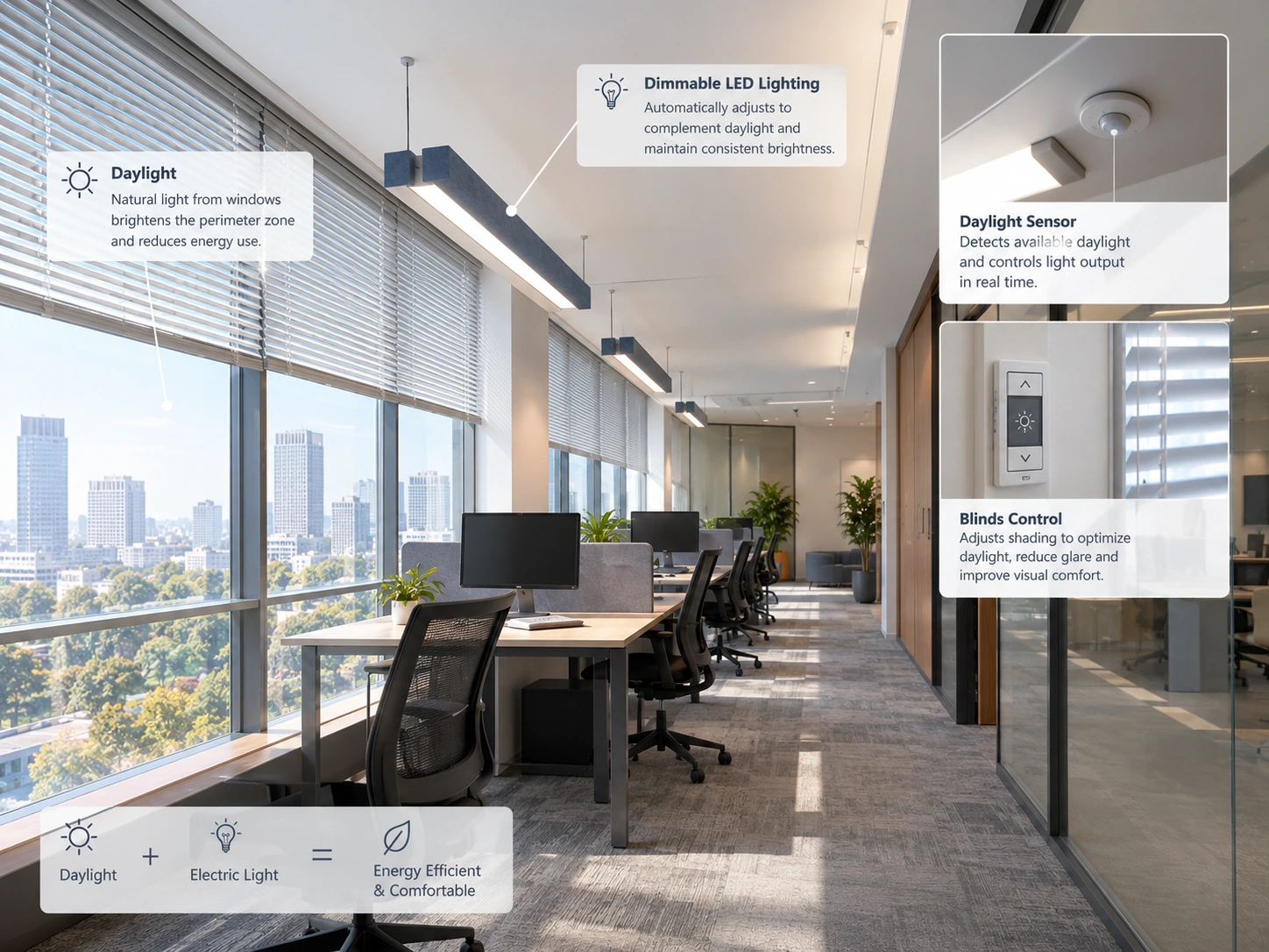 office-daylight-electric-lighting-integration Office perimeter zone combining daylight and dimmable electric lighting