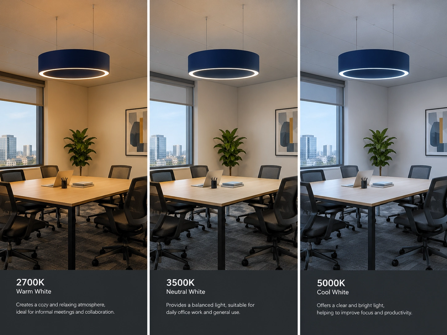 office-lighting-cct-color-temperature-comparison Comparison of warm, neutral and cool color temperature lighting in an office