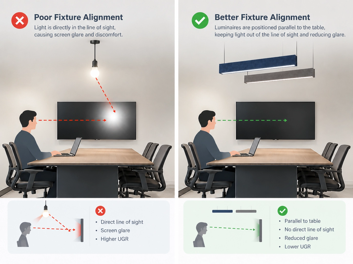 office-lighting-glare-alignment-comparison Comparison diagram of poor versus improved luminaire alignment to reduce screen glare