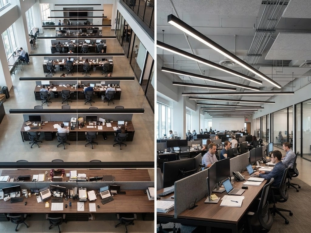 workstation-rows-linear-lighting Linear suspended lighting aligned above rows of office workstations
